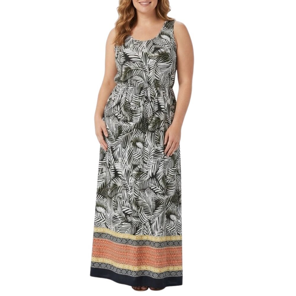 S&J LA Tropical Palm Print Smocked Waist Maxi Dress Size 14W